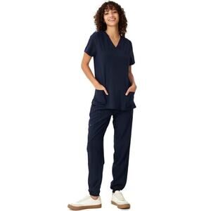 Floralhue Women’s Scrub Set,blue V-Neck Top & Cargo Pants w/ 10 Pockets, Size S